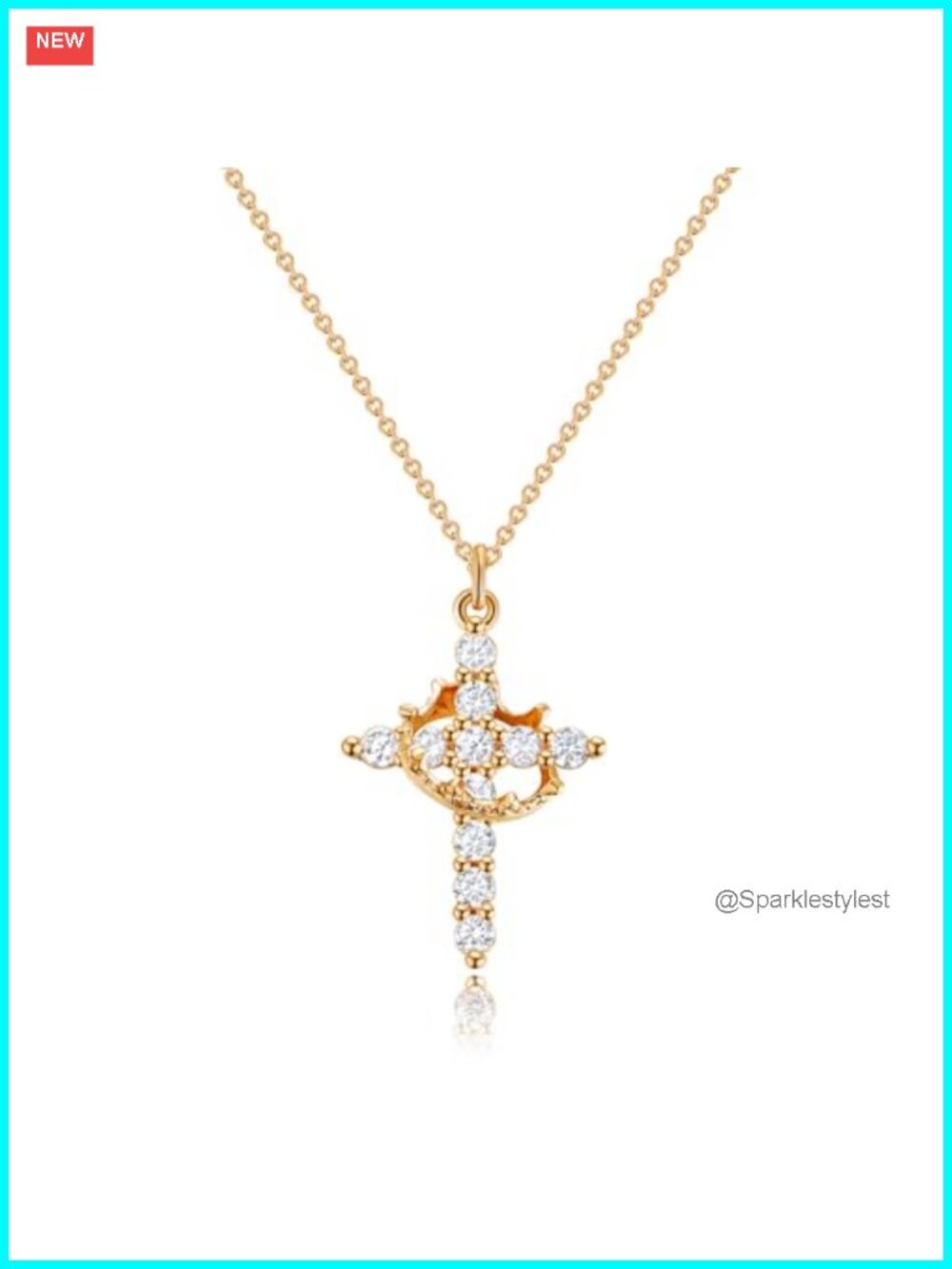 14K Gold Plated Crown Cross Pendant Necklace 18" Chain
